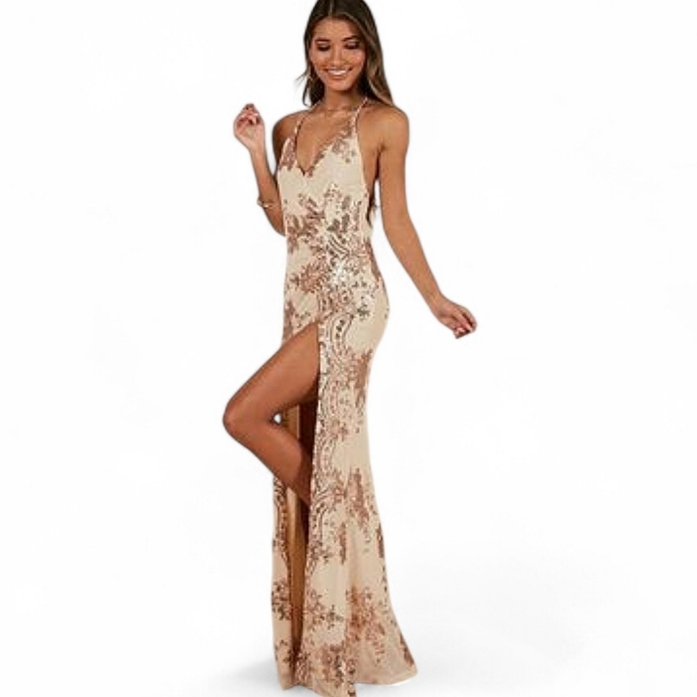 SHOWPO Out Till Dawn Maxi Dress – Nude & Bronze Sequin – Thigh Slit. Size US 0